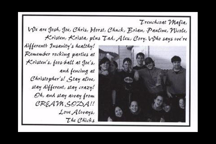 Image of a CHS yearbook dedication to the 'Trenchcoat Mafia'